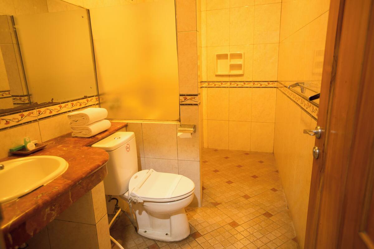 Un baño con lavamanos, inodoro y zona de ducha.