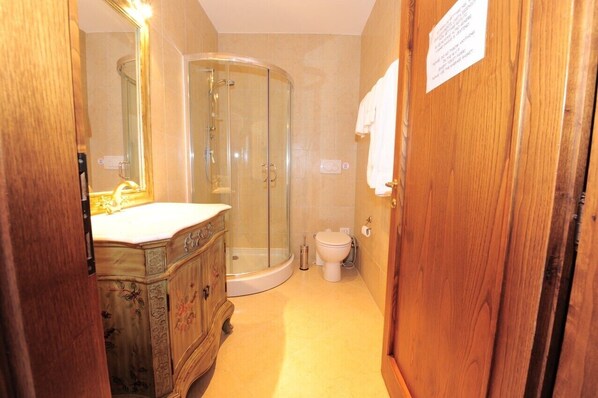Shower, hair dryer, bidet, towels