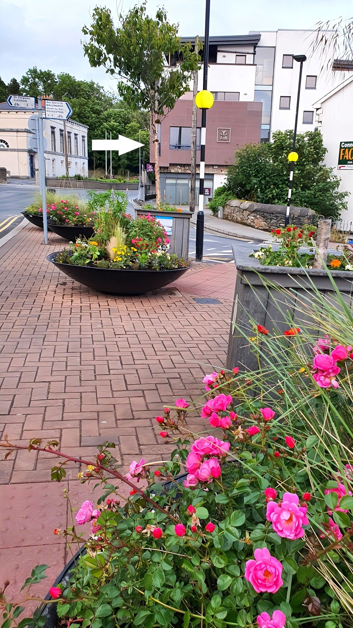 A paved walkway with flower beds and a street sign.