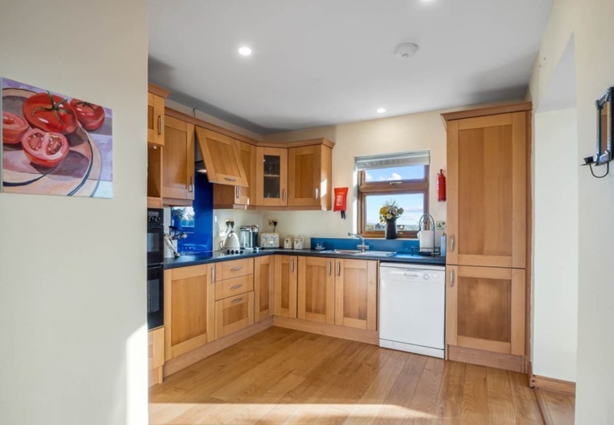 A kitchen with wooden cabinets, a white dishwasher, and a blue countertop.