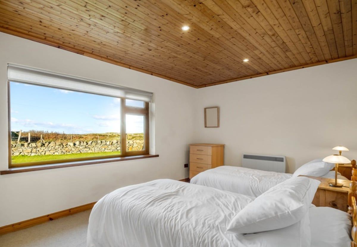 A bedroom with two beds, a large window with a view of a field, wooden ceiling, and a nightstand with a lamp.