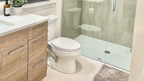 Un baño moderno con ducha envuelta en vidrio, inodoro blanco y tocador con espejo y planta en maceta.