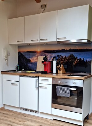 Kühlschrank, Ofen, Herdplatte, Wasserkocher mit Kaffee-/Teezubehör