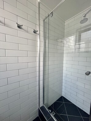 Chuveiro, secador de cabelo, toalhas de banho, sabonete