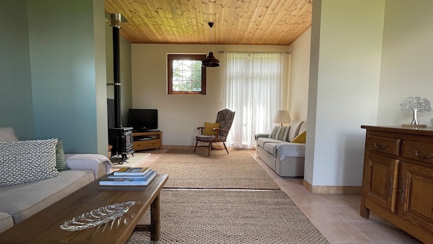 A living room with a sofa, a coffee table, a television, a fireplace, and a window with curtains.