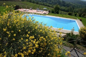 A swimming pool with lounge chairs and umbrellas, surrounded by a landscaped garden and a view of the countryside. - Agriturismo Borgo Sant'Ercolano (Civitella in Val di Chiana)