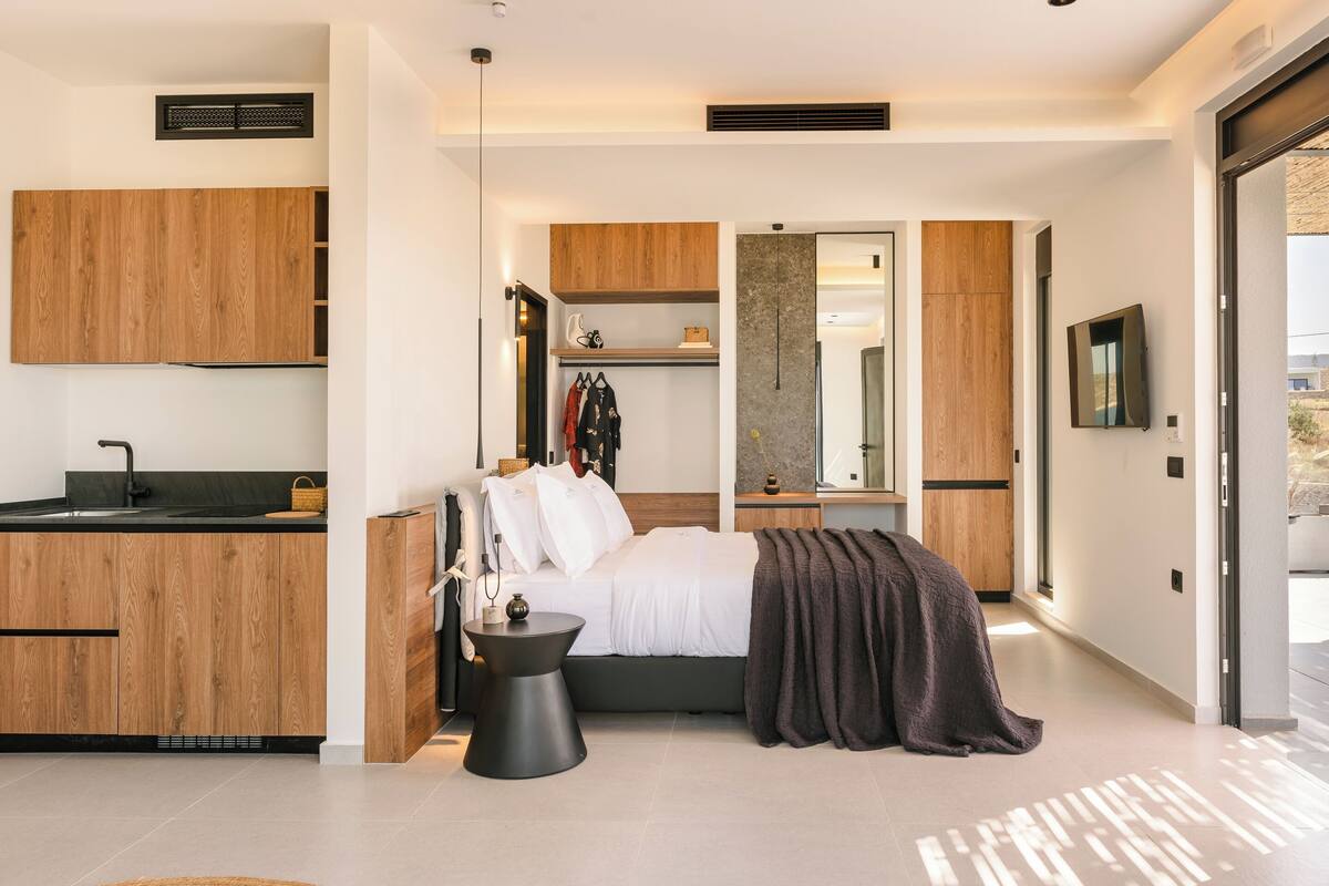 A modern bedroom with a large bed, a bedside table, a wardrobe, and a built-in kitchen area.