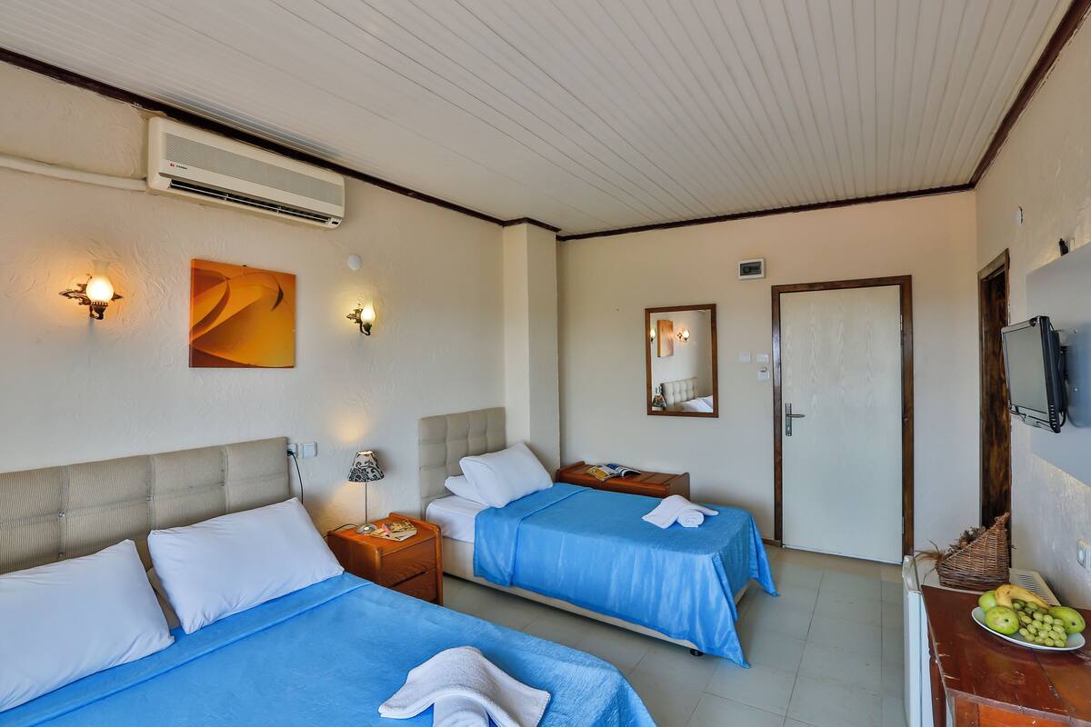 A hotel room with two beds, a TV, a desk with a basket of fruit, and a mirror on the wall.