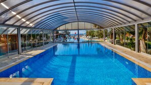 En swimmingpool med et glas tag, omgivet af liggestole og udsigt til det fri.