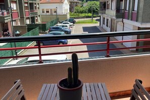 Een balkon met een cactus in een pot, uitzicht op geparkeerde auto's en woongebouwen op de achtergrond.