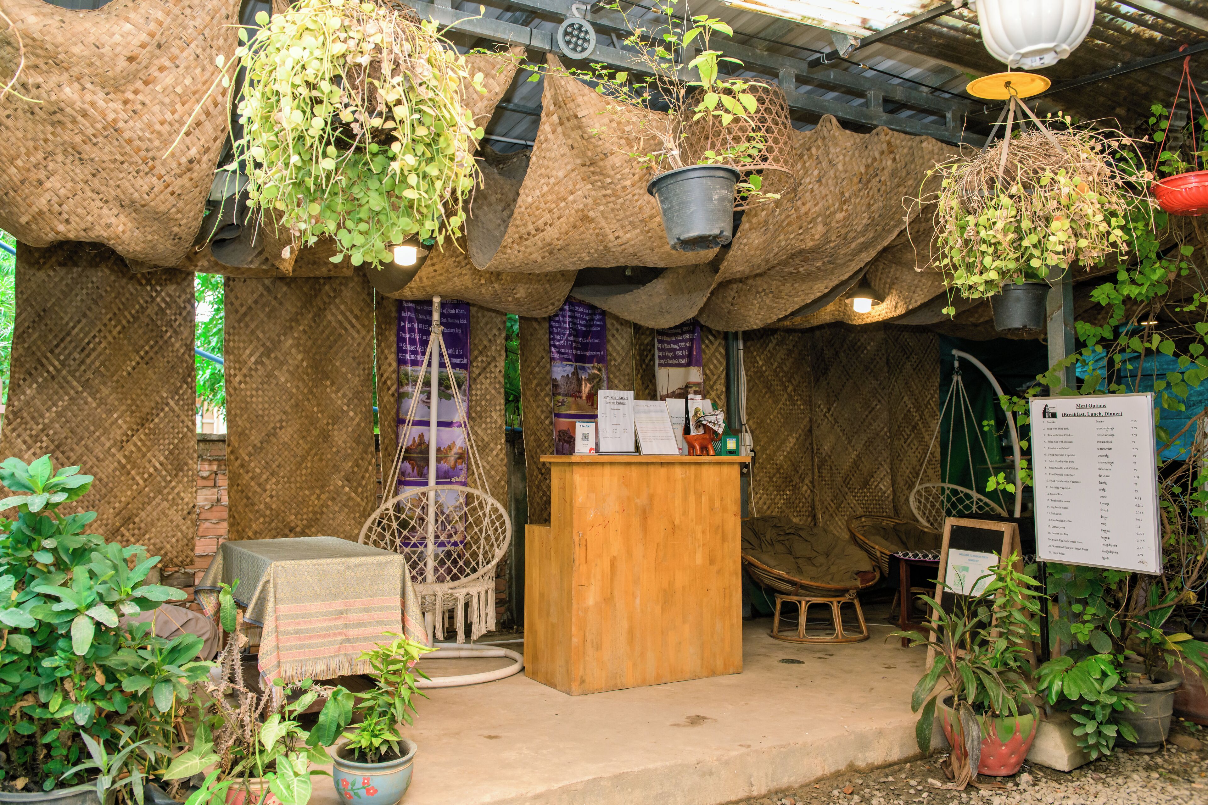 A rustic indoor garden with hanging planters, a wooden reception desk, and wicker furniture.