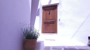 Une rue étroite aux murs blancs, avec une porte en bois et un pot de fleurs.