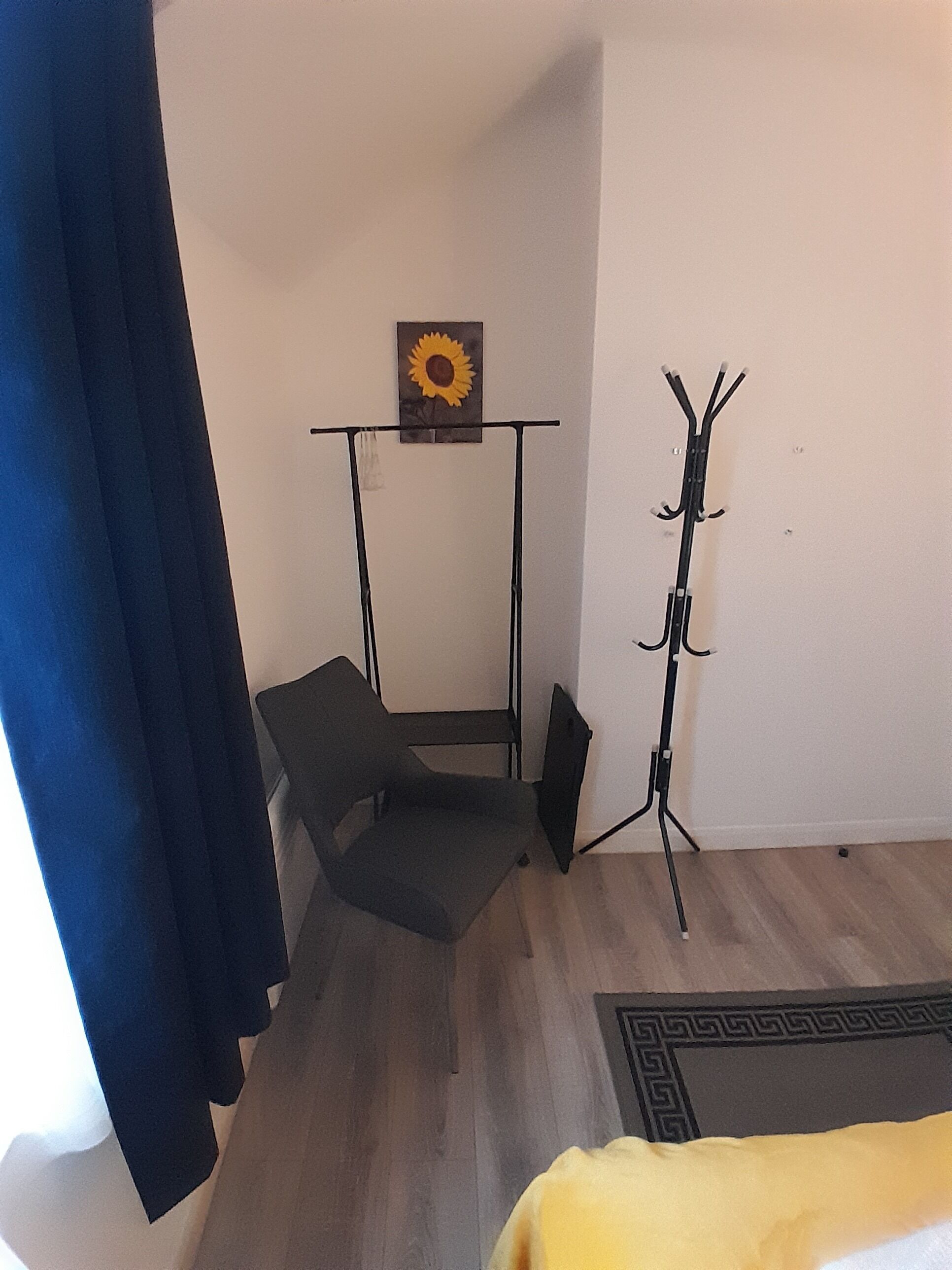 A room with a bed, a chair, a coat rack, and a painting of a sunflower on the wall.