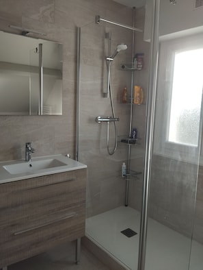 Shower, towels, toilet paper