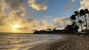 Ein Strand mit Fußspuren, Palmen und einem Gebäude im Hintergrund.