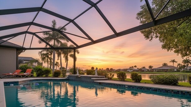 A swimming pool with a clear view of the sunset, surrounded by palm trees and a gazebo structure. - Wally's Fairway To Haven: Discover Your Paradise: Rental with Lake View, Pool, and Golf Access! (Cape Coral)