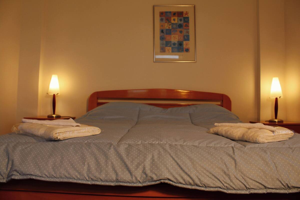 A neatly made bed with a blue blanket and pillows, two bedside lamps, and a framed picture on the wall.