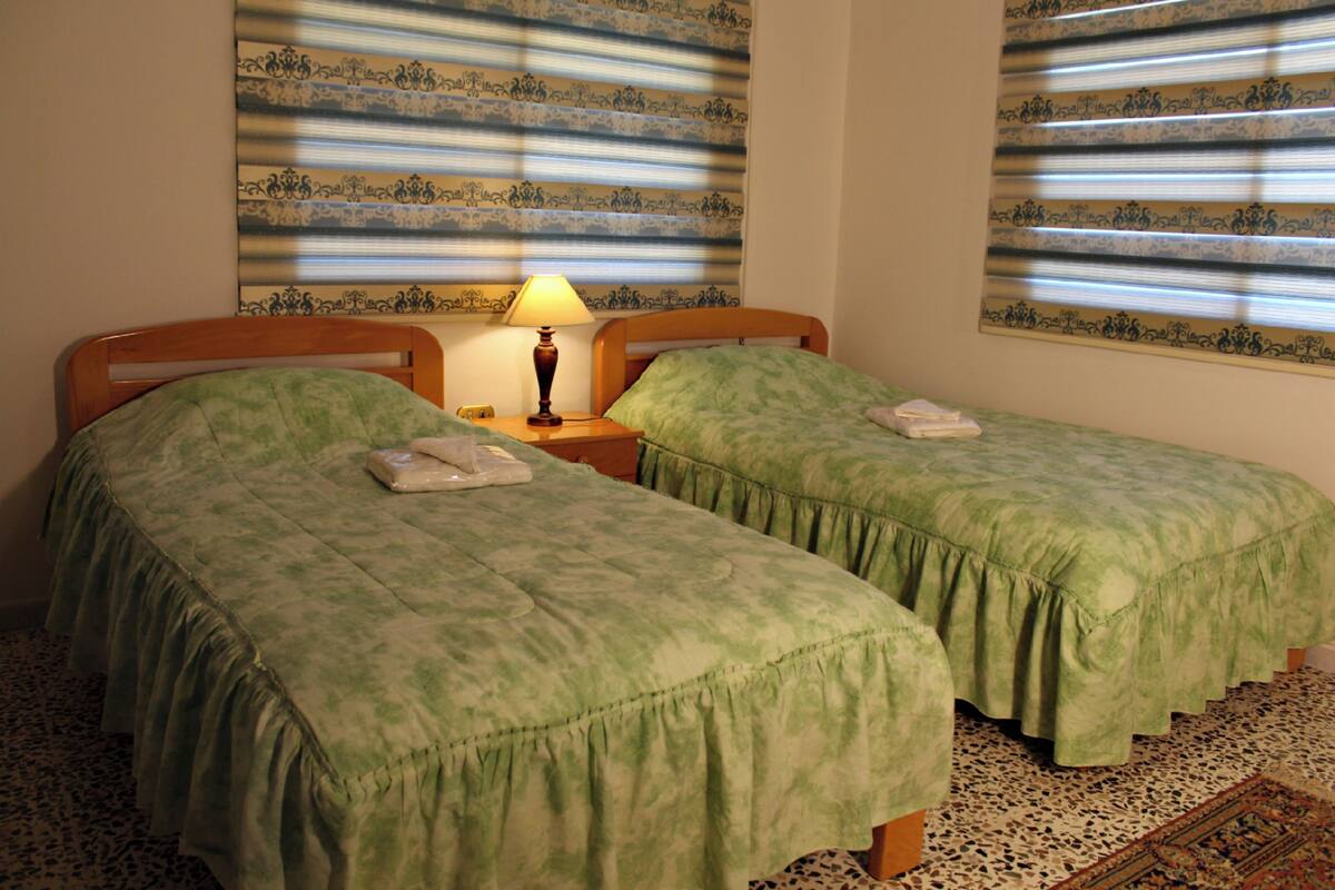 A room with two single beds, a nightstand with a lamp, patterned curtains, and a patterned carpet.