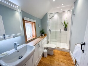 Luxury Double Room, Ensuite (King Street room) | Bathroom | Eco-friendly toiletries, hair dryer, towels, soap - The Globe House (Broseley)