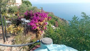 Blick auf die Küste mit einem Gebäude, einem Garten voller violetten Blumen und einem klaren Himmel.
