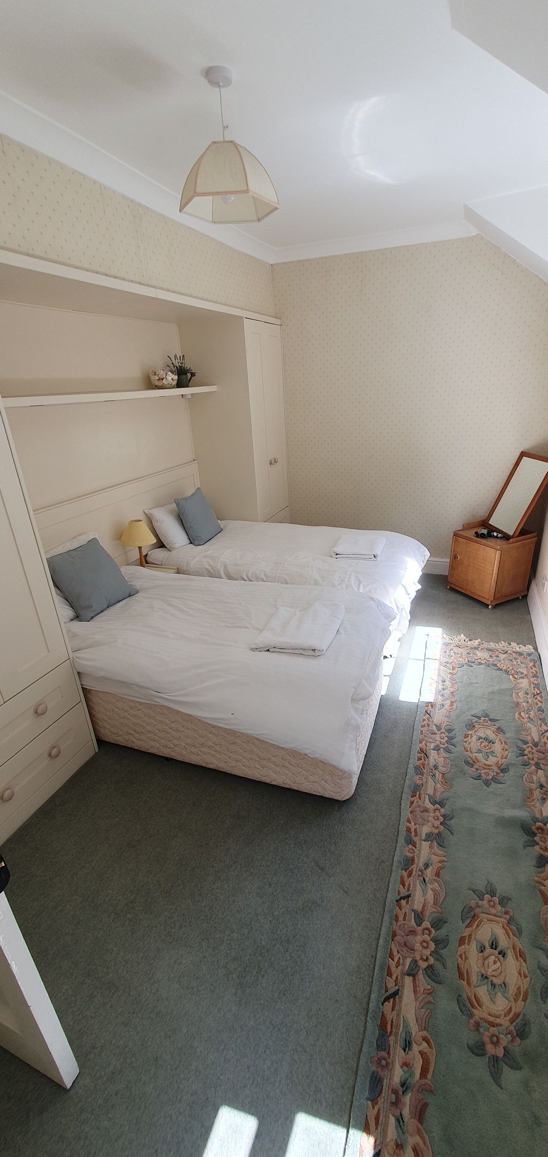 A bedroom with two beds, a dresser, a mirror, and a decorative rug.