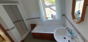 Hair dryer, towels, soap, toilet paper
