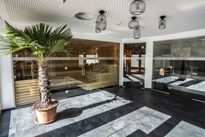 A lobby with a palm tree, a sauna area, and a lounge with a stone wall. - Chasa Helvetia Studio: Relax and enjoy in the new studio with exclusive hotel service (Müstair)