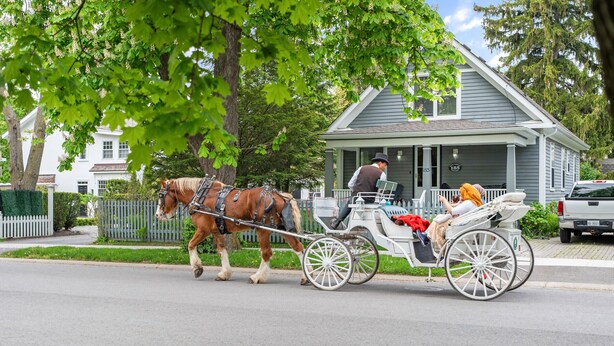 A horse-drawn carriage on a street with a house in the background.