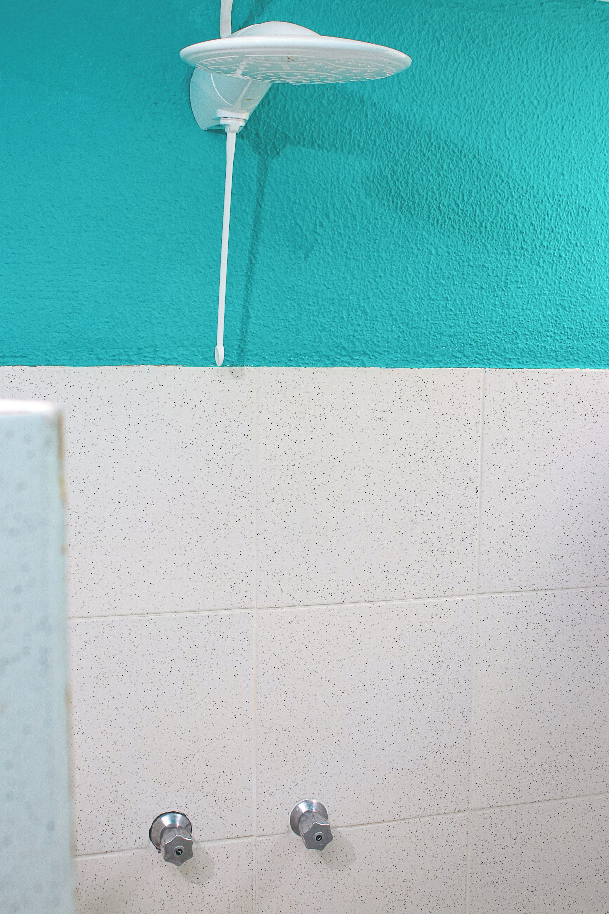 A bathroom with a white shower area, a white wall, and a teal accent wall.