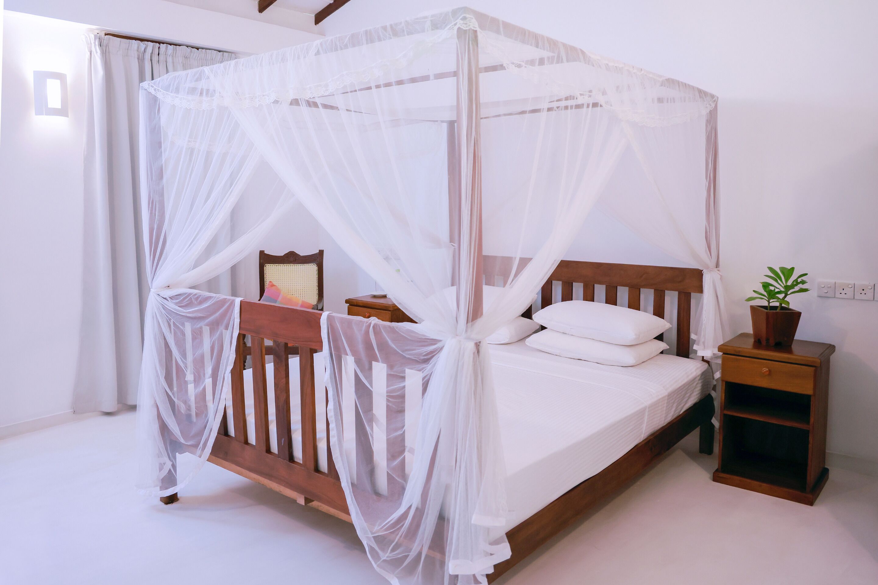A four-poster bed with a canopy, a bedside table with a plant, and a nightstand with a drawer.