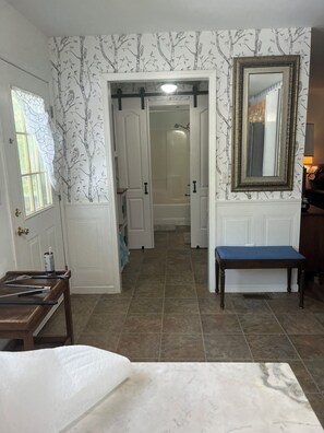 Hair dryer, towels, soap, toilet paper