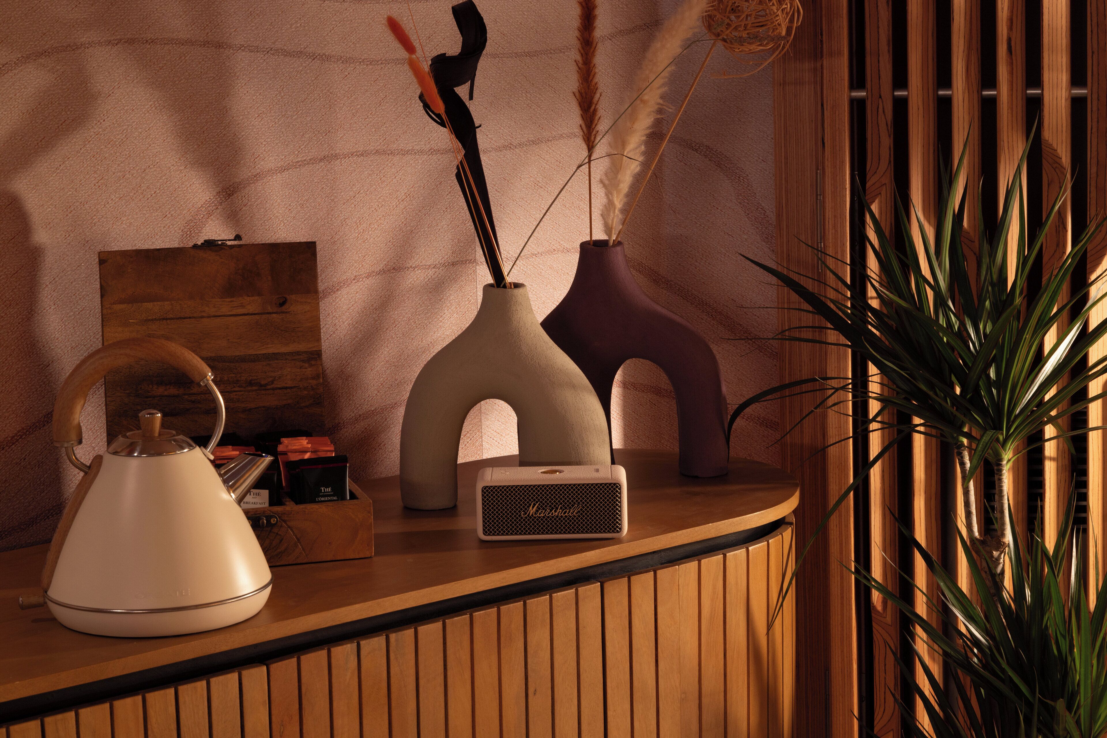 Un comptoir en bois, sur lequel on trouve une bouilloire blanche, un haut-parleur Marshall et des vases décoratifs avec des plantes.