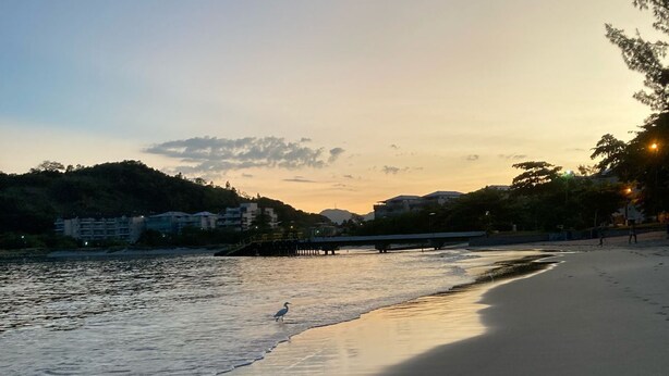 Una playa con un mar tranquilo, cielo despejado y un puente al fondo.