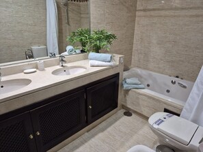 Ducha, secador de pelo, bidé y toallas