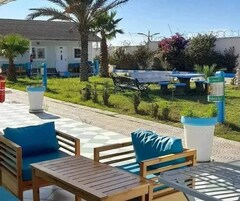 Un patio con muebles de madera y cojines azules, un sendero que conduce a un edificio, y un jardín con un banco y palmeras.
