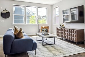 Télévision, cheminée, espaces bureaux