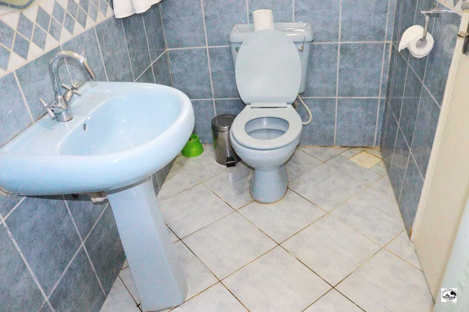 A bathroom with a sink, toilet, and trash can.