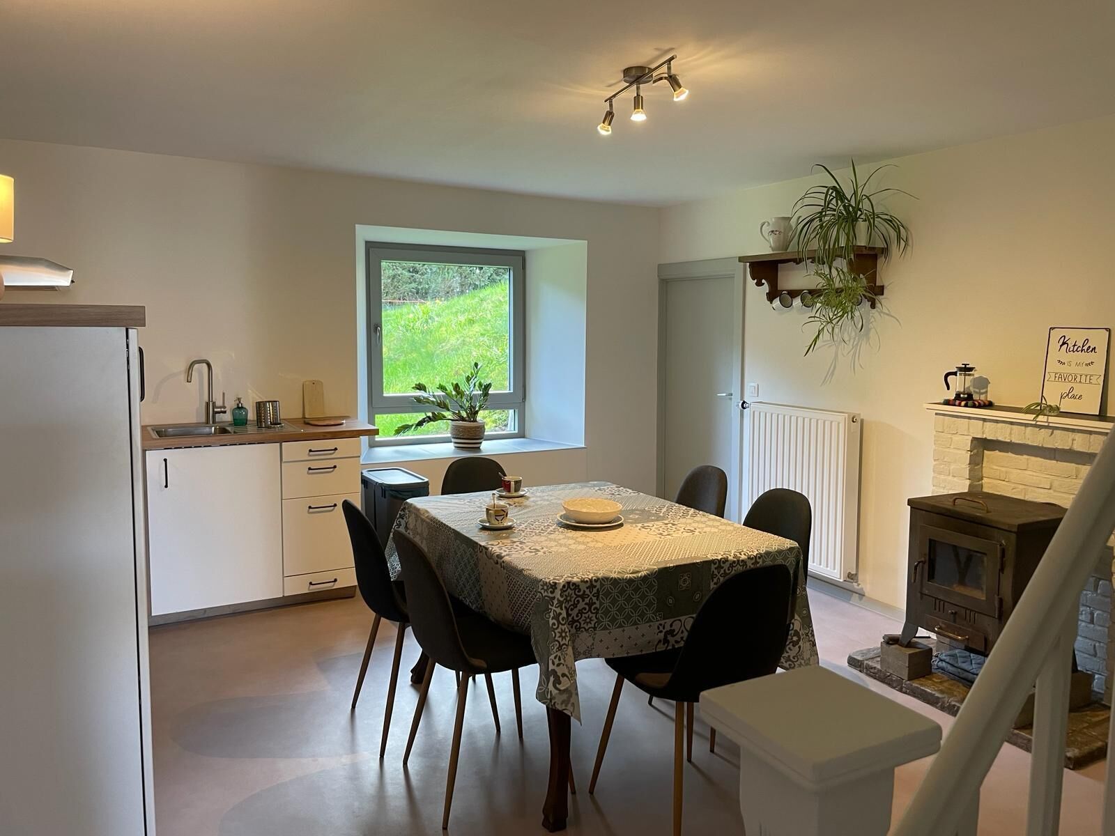 Une cuisine moderne avec une table à manger, des chaises, une fenêtre donnant sur un espace verdoyant, une cuisinière encastrée et une plante suspendue.