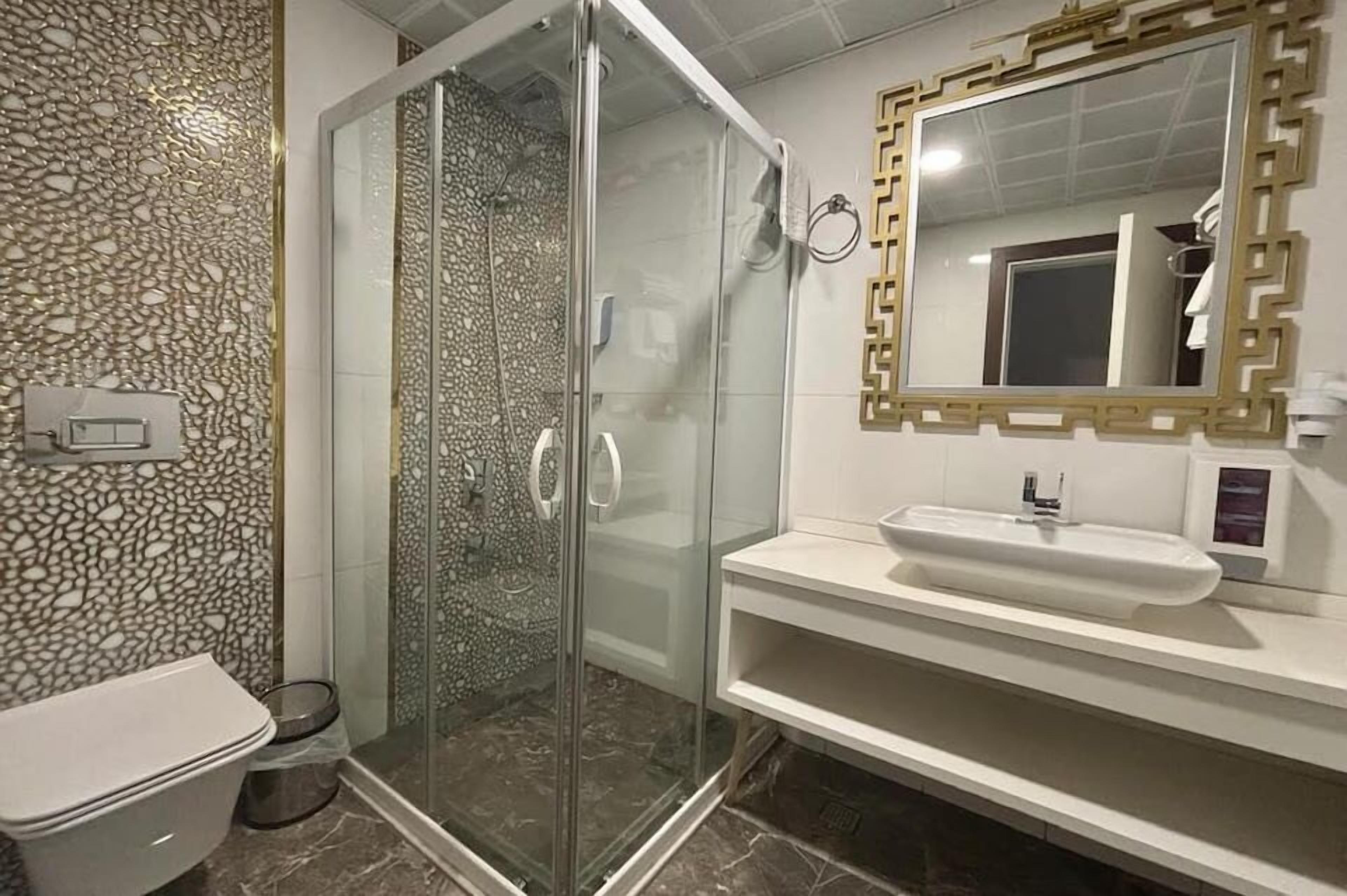 Un baño con ducha de vidrio, un lavamanos blanco y un espejo decorativo con marco dorado.