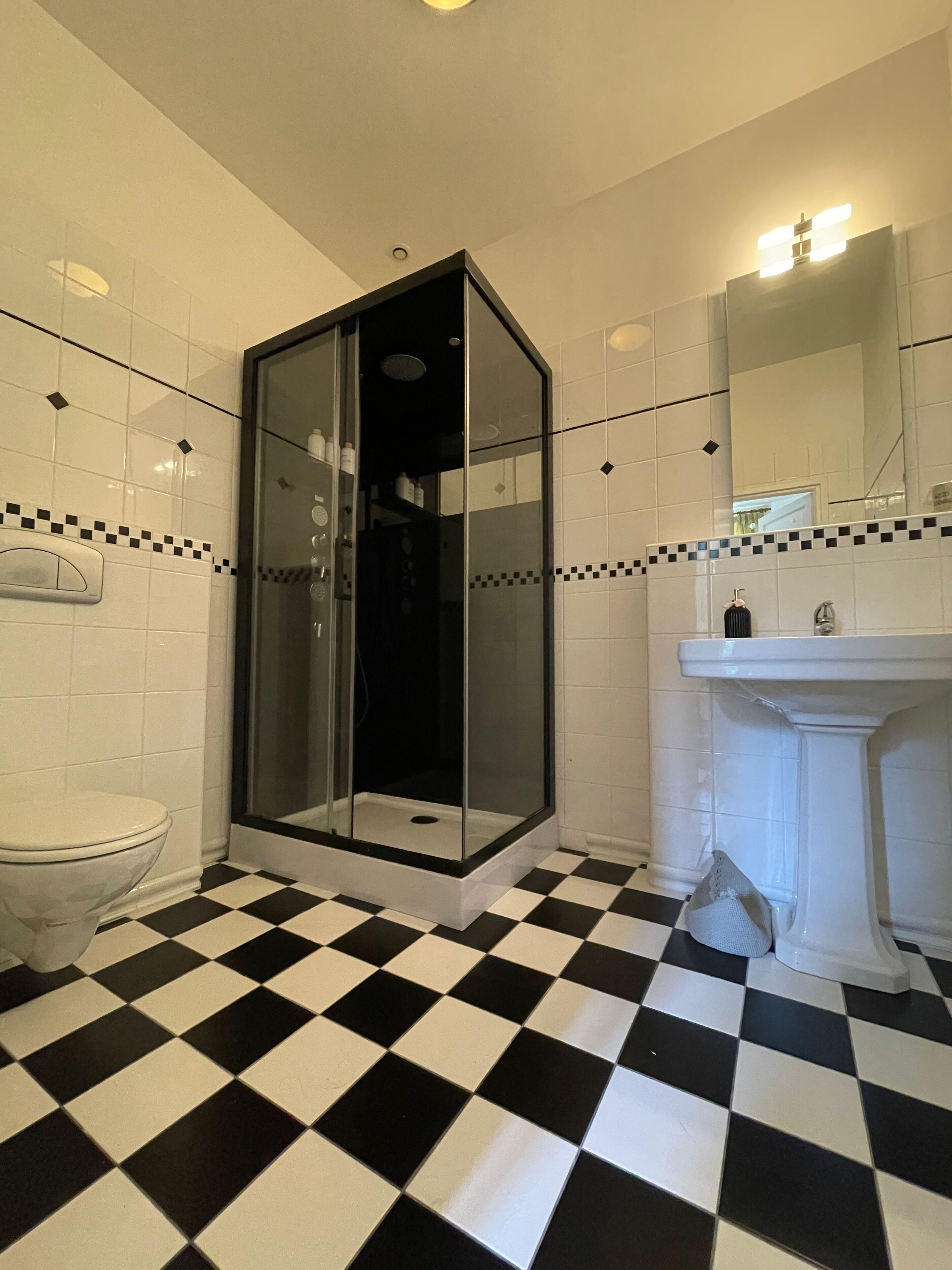 A bathroom with a glass-enclosed shower, a white toilet, and a sink with a mirror above it. The floor has a black and white checkered pattern.
