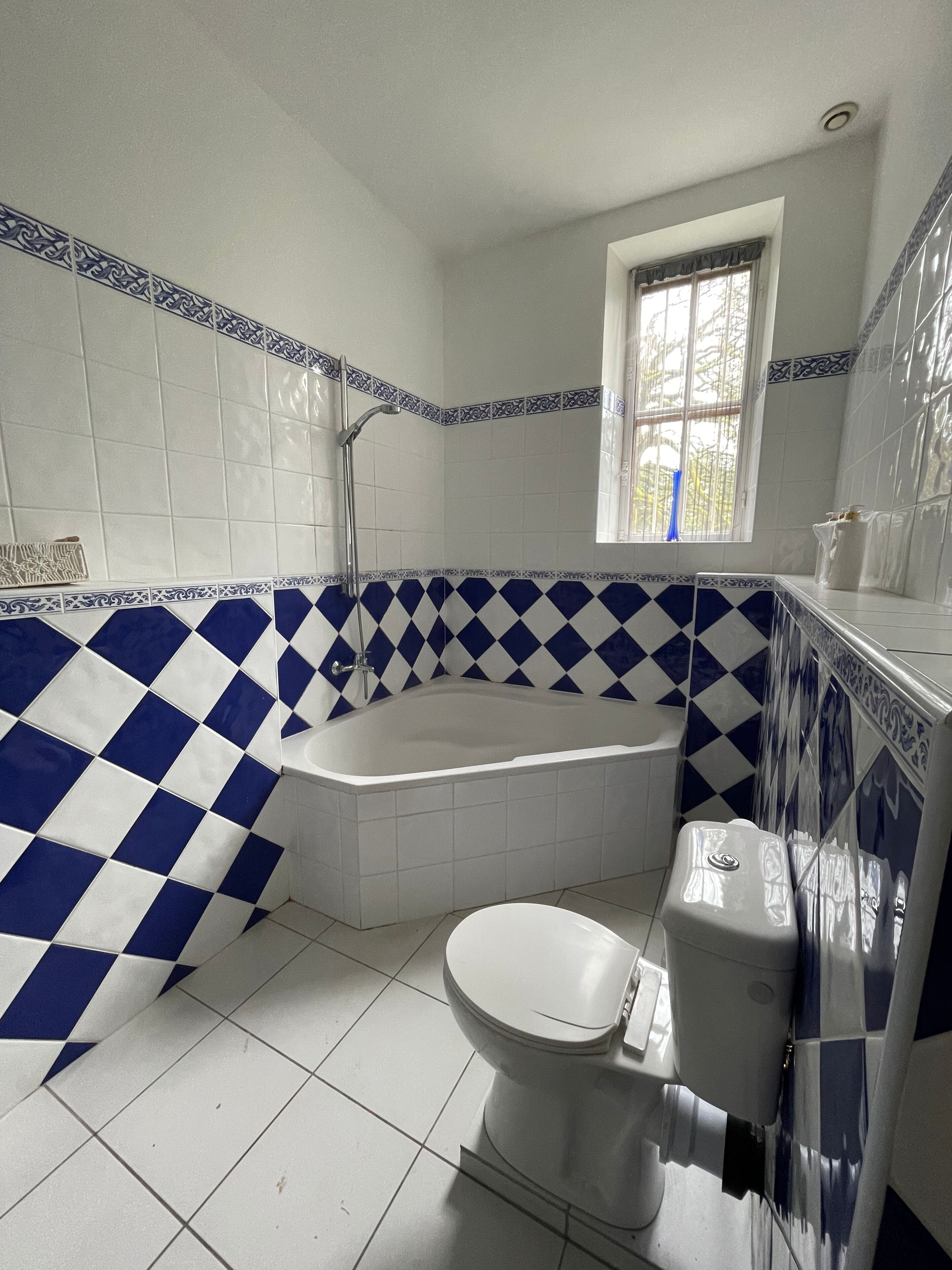 A bathroom with a white and blue checkered tile pattern, a bathtub, a toilet, and a window.