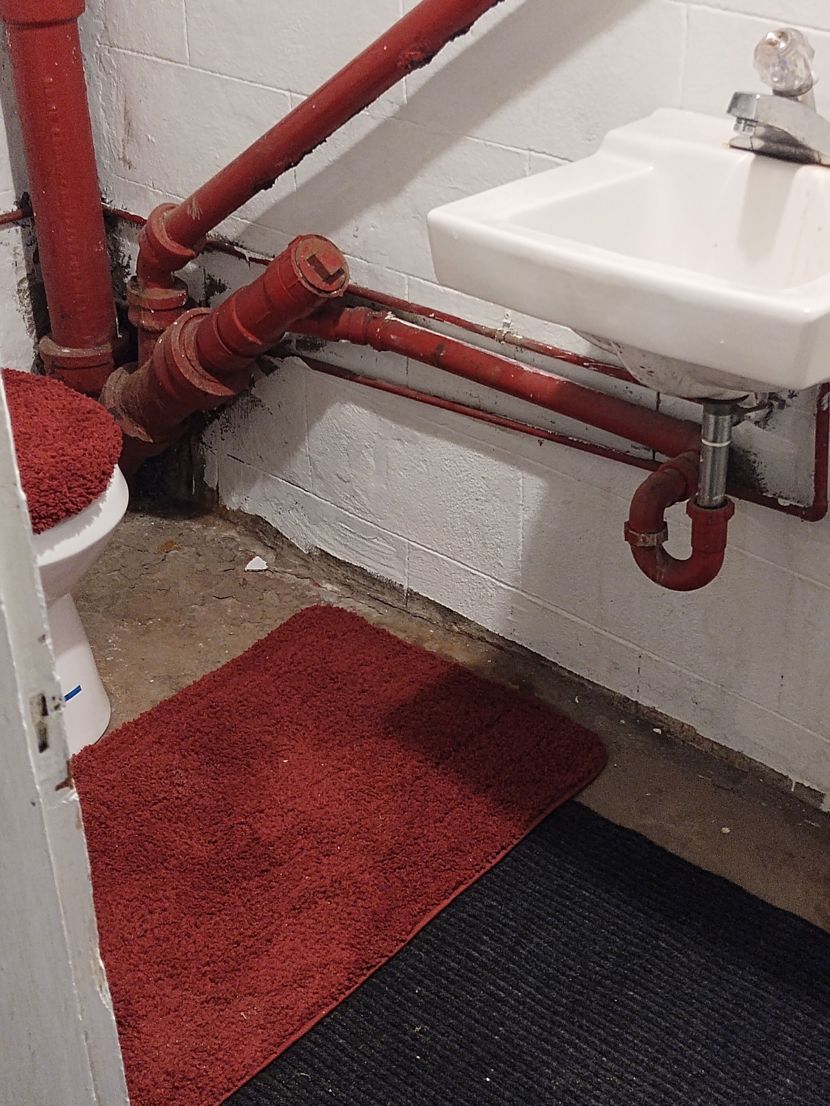 Ein Badezimmer mit einem weißen Waschbecken, roten Rohren und einer roten und schwarzen Fußmatte.