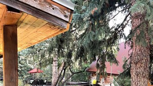 A wooden pergola with a red umbrella, a well-maintained lawn, and a stone building in the background. - 4-bedroom cabin Chalet Nestled in the Sundance Mountains (Provo)
