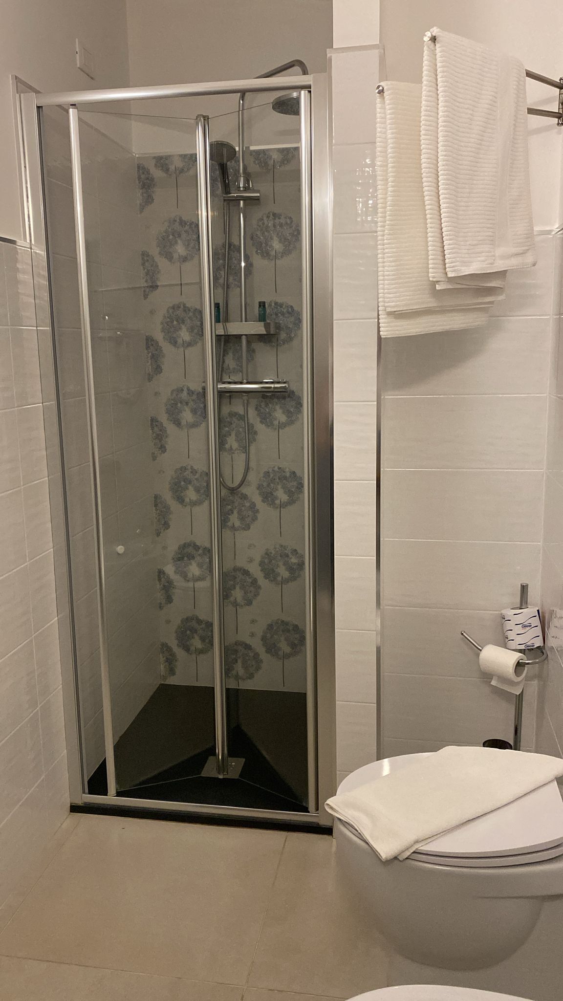 Un box de ducha con paredes de vidrio, un cabezal de ducha y un accesorio de ducha de mano, un inodoro con una toalla blanca encima y un rollo de papel higiénico en la pared.