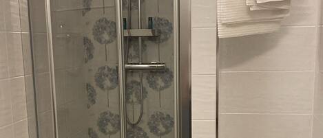 A glass-enclosed shower stall with a showerhead and handheld shower attachment, a toilet with a white towel on top, and a roll of toilet paper on the wall.