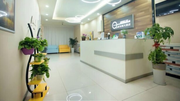 Un espace d’accueil au design moderne, comprenant un comptoir de réception, des plantes en pot et un coin salon avec un canapé jaune.