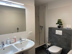 Hair dryer, towels, soap, shampoo