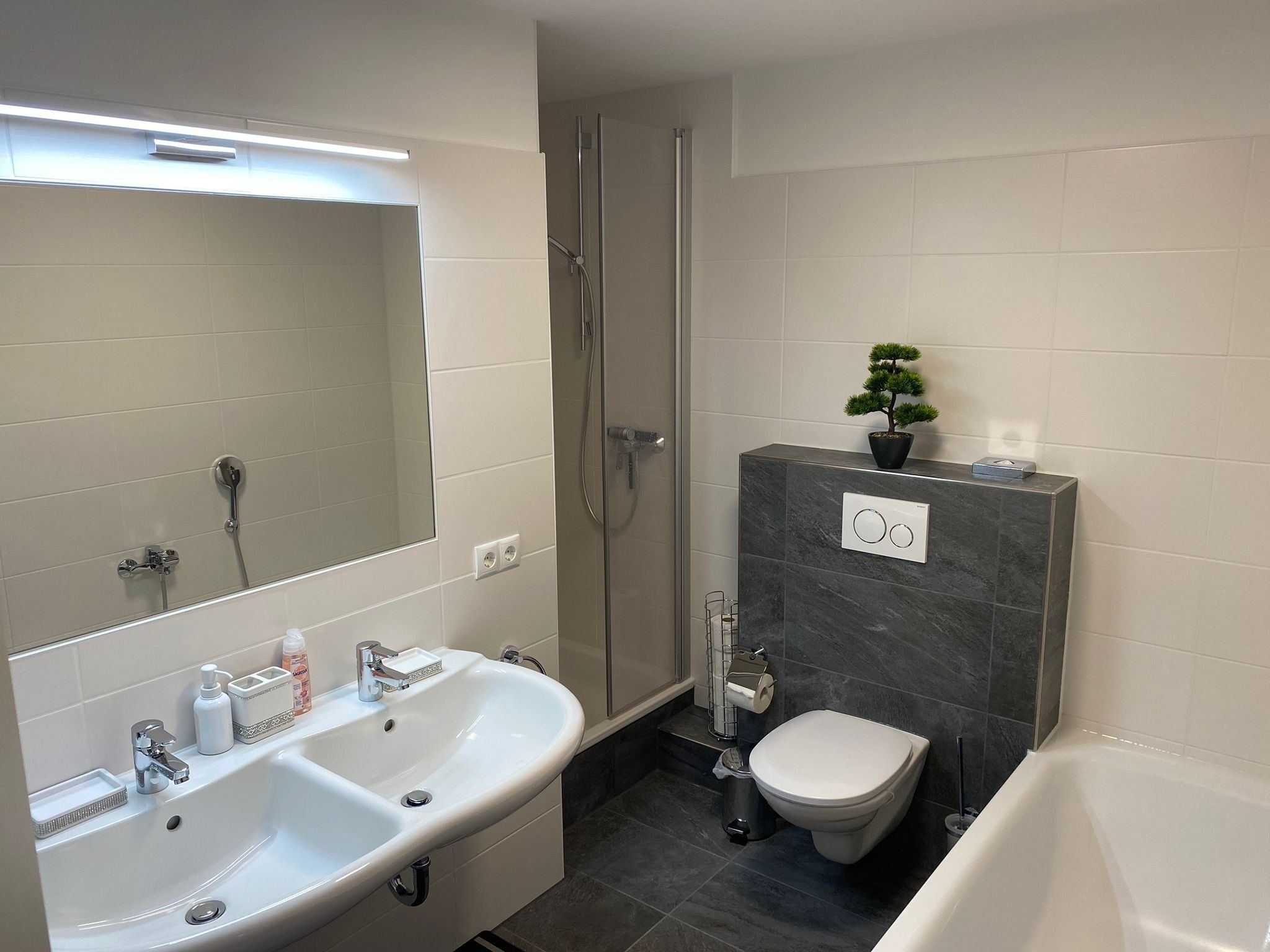 Hair dryer, towels, soap, shampoo