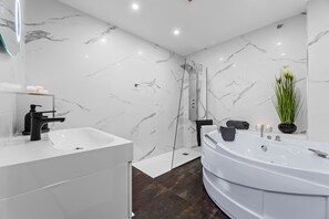 Douche, séchoir à cheveux, serviettes fournies, savon