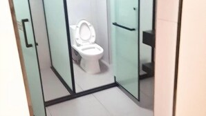 Moderni kylpyhuone, jossa on lasiseinä, valkoinen wc-istuin ja selkeästi erotettu suihkualue.